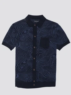 Ben Sherman Sweaters & Knits^B By Swirl Jacquard Button Through Polo - Dark Navy